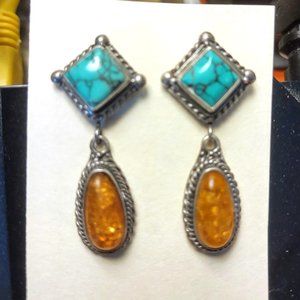 Genuine Turquoise & Amber sterling silver earrings